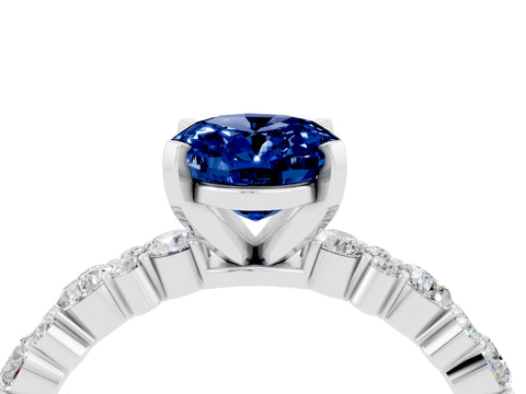 White gold Oval Cut Blue Sapphire Solitaire with Side Stones, Pave Band, Four-Prong Setting_40