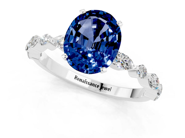 Silver Oval Cut Blue Sapphire Ring with Marquise and Round  Side Stones and Four-Prong Setting