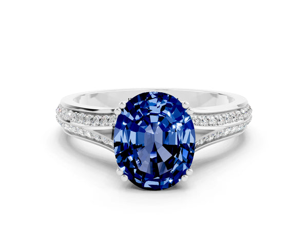 Platinum Oval Cut Blue Sapphire Split Shank Engagement Ring with Pavé Band