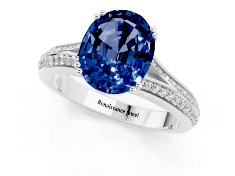 White gold Oval Cut Blue Sapphire Split Shank Engagement Ring with Pavé Band_1
