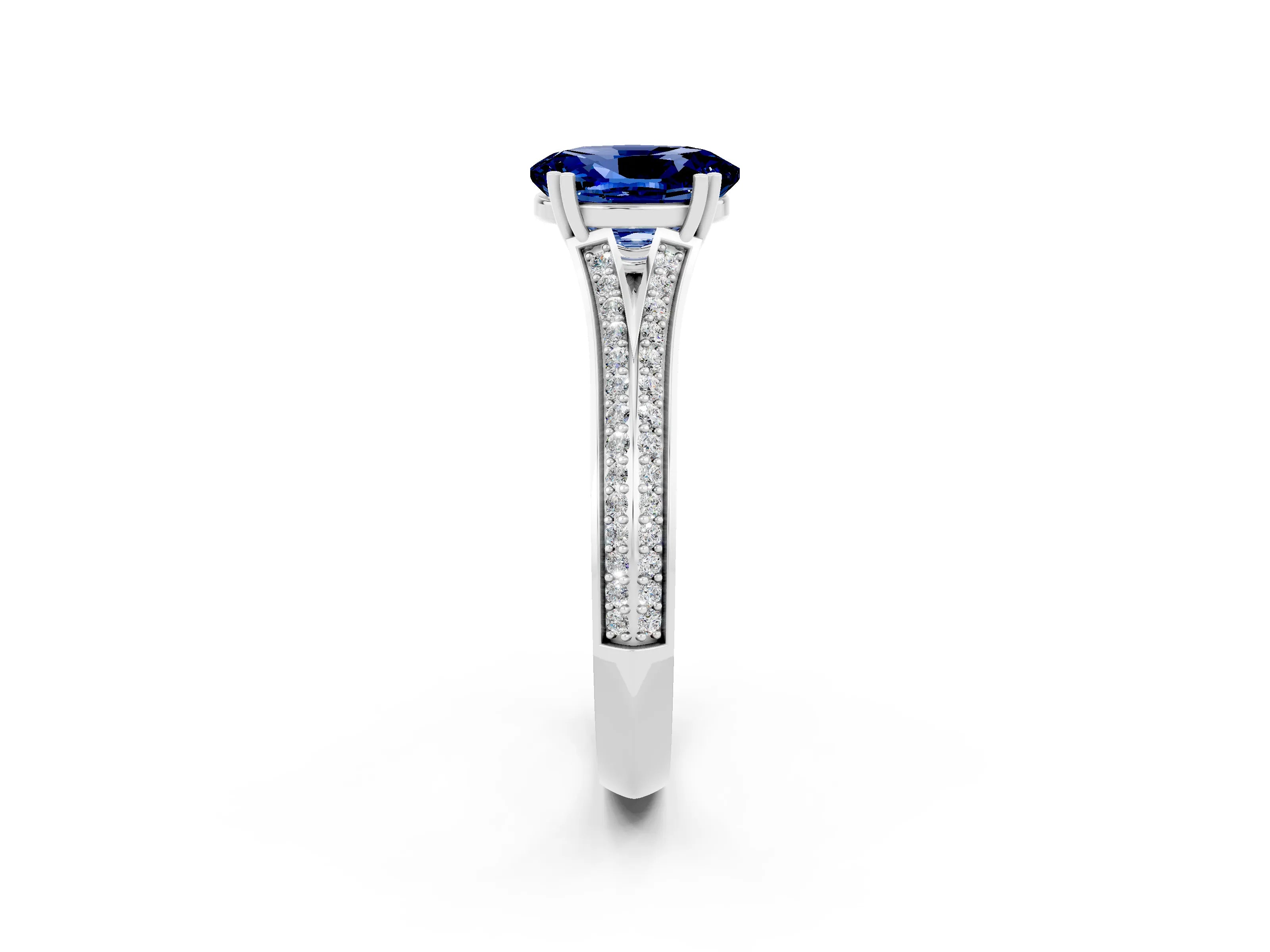 White gold Oval Cut Blue Sapphire Split Shank Engagement Ring with Pavé Band_2
