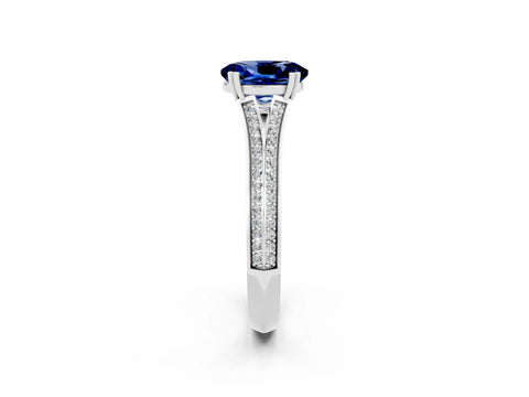White gold Oval Cut Blue Sapphire Split Shank Engagement Ring with Pavé Band_2