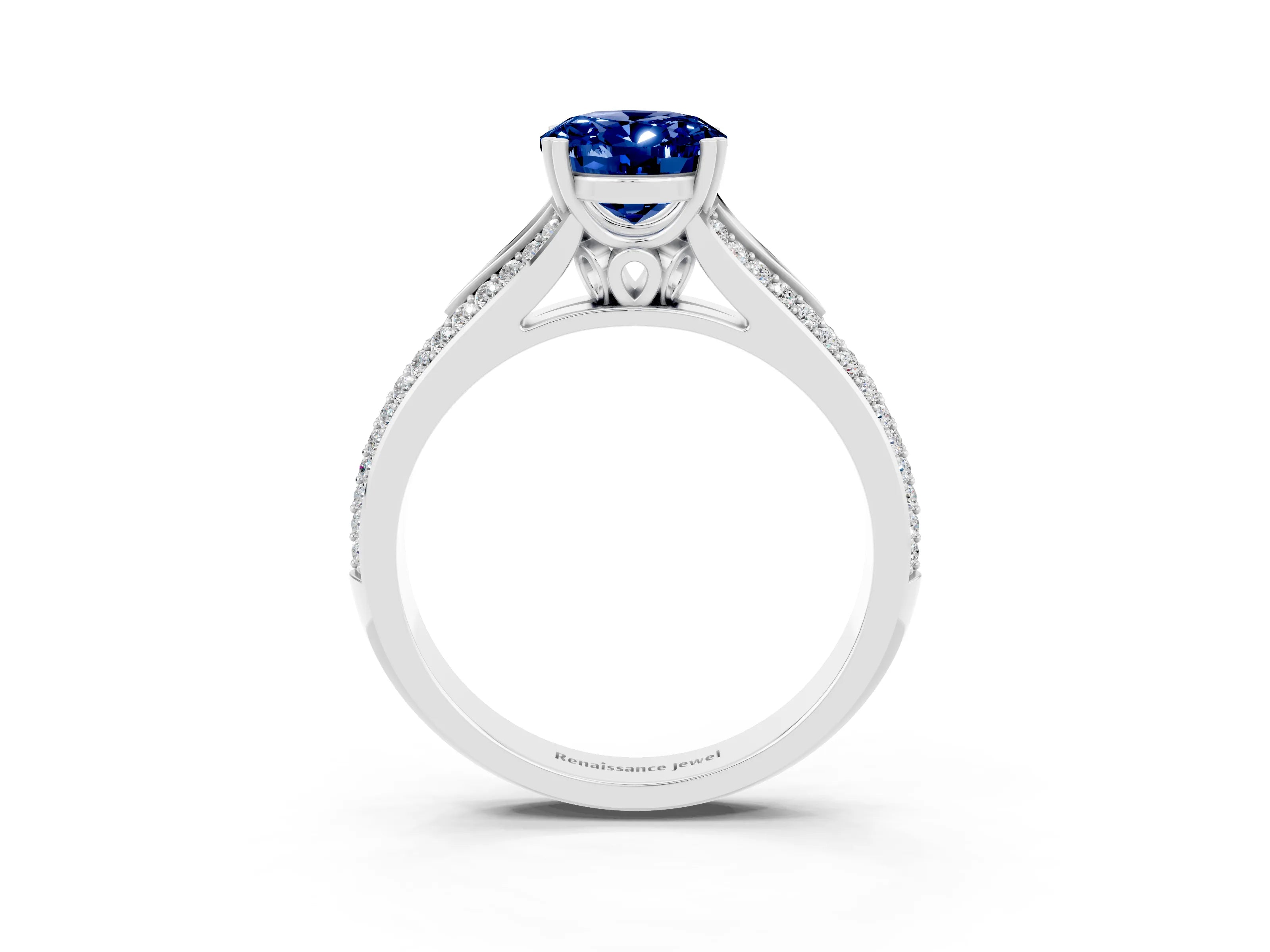 White gold Oval Cut Blue Sapphire Split Shank Engagement Ring with Pavé Band_3
