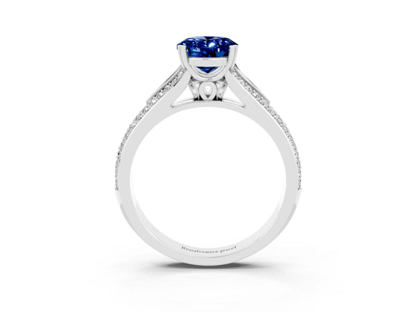 Platinum Oval Cut Blue Sapphire Split Shank Engagement Ring with Pavé Band