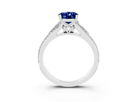 White gold Oval Cut Blue Sapphire Split Shank Engagement Ring with Pavé Band_3