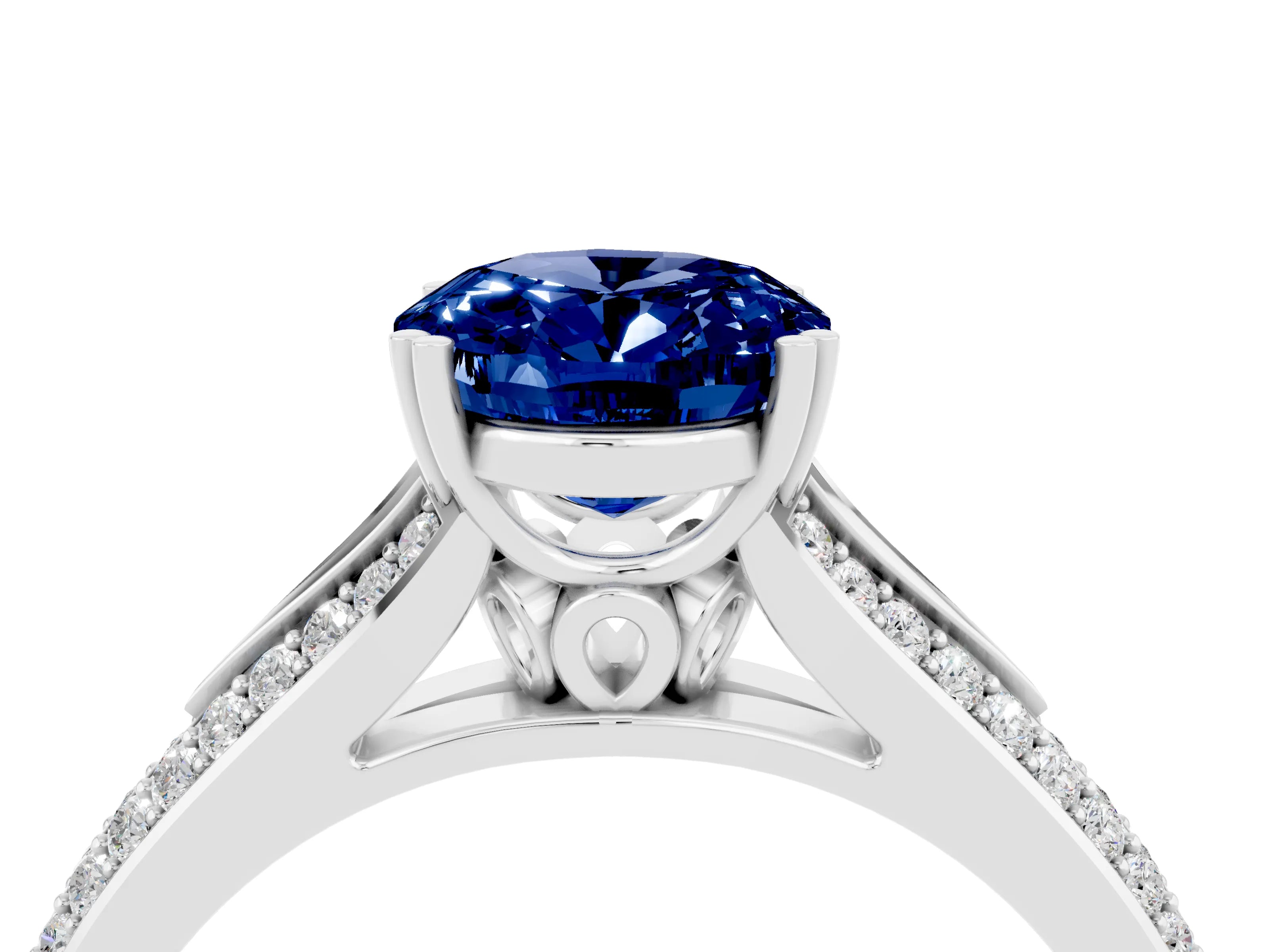 White gold Oval Cut Blue Sapphire Split Shank Engagement Ring with Pavé Band_4