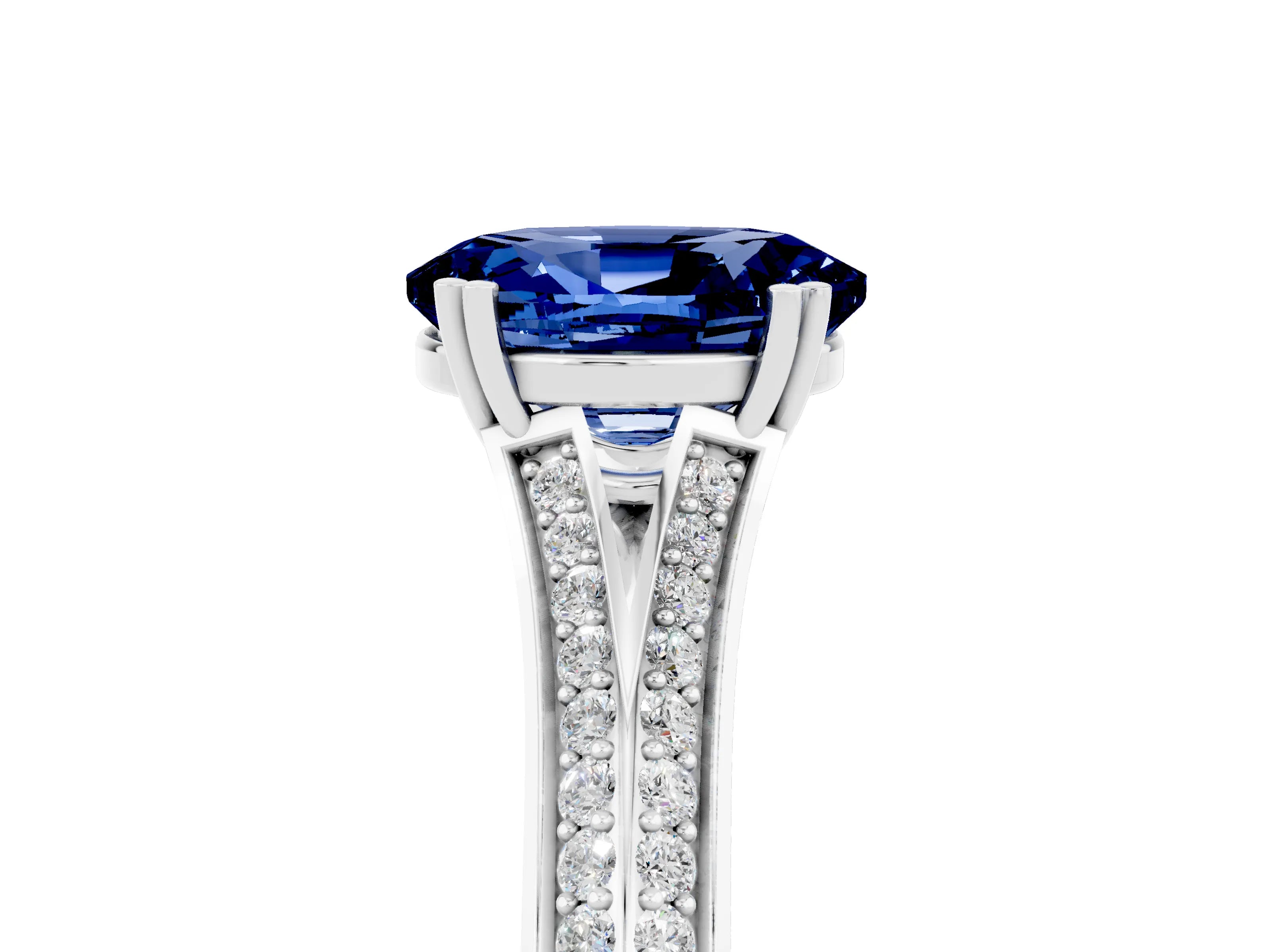 White gold Oval Cut Blue Sapphire Split Shank Engagement Ring with Pavé Band_5