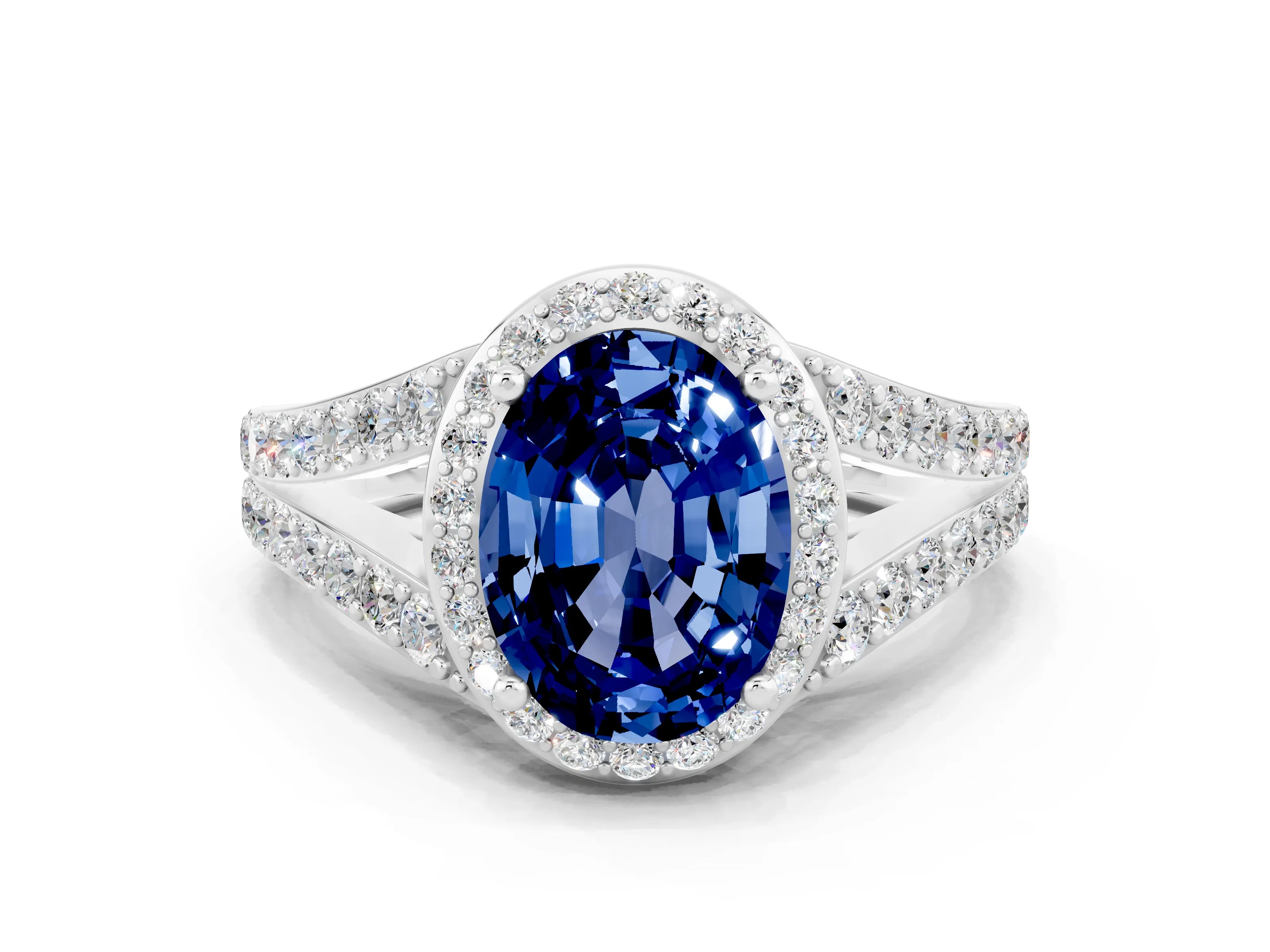 White gold Oval Cut Blue Sapphire Split Shank Halo Ring with Four-Prong Setting_12