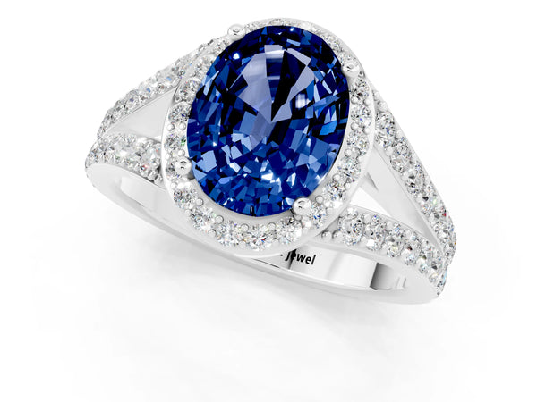 Platinum Oval Cut Blue Sapphire Split Shank Halo Ring with Four-Prong Setting