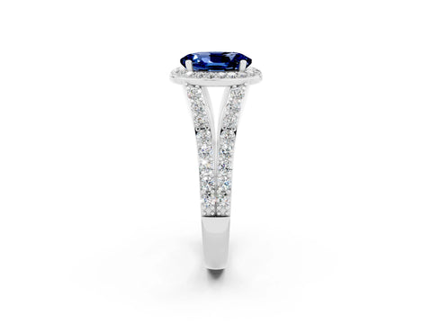 White gold Oval Cut Blue Sapphire Split Shank Halo Ring with Four-Prong Setting_14