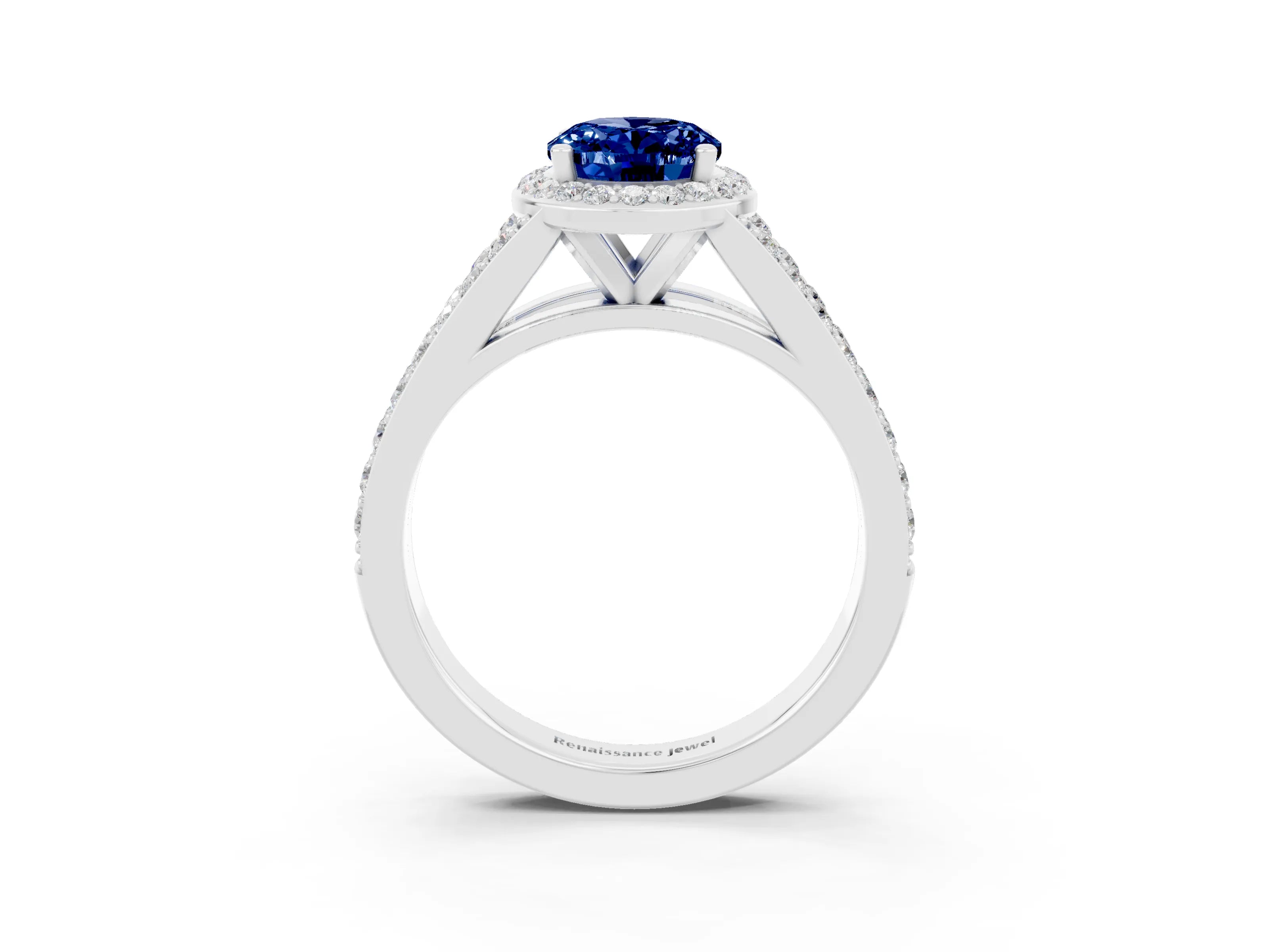 White gold Oval Cut Blue Sapphire Split Shank Halo Ring with Four-Prong Setting_15
