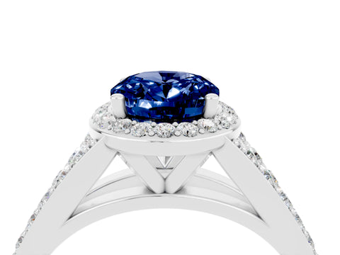 White gold Oval Cut Blue Sapphire Split Shank Halo Ring with Four-Prong Setting_28