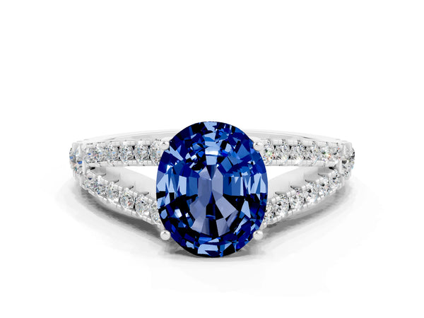 Platinum Oval Cut Blue Sapphire Split Shank Pavé Engagement Ring with Four-Prong Setting