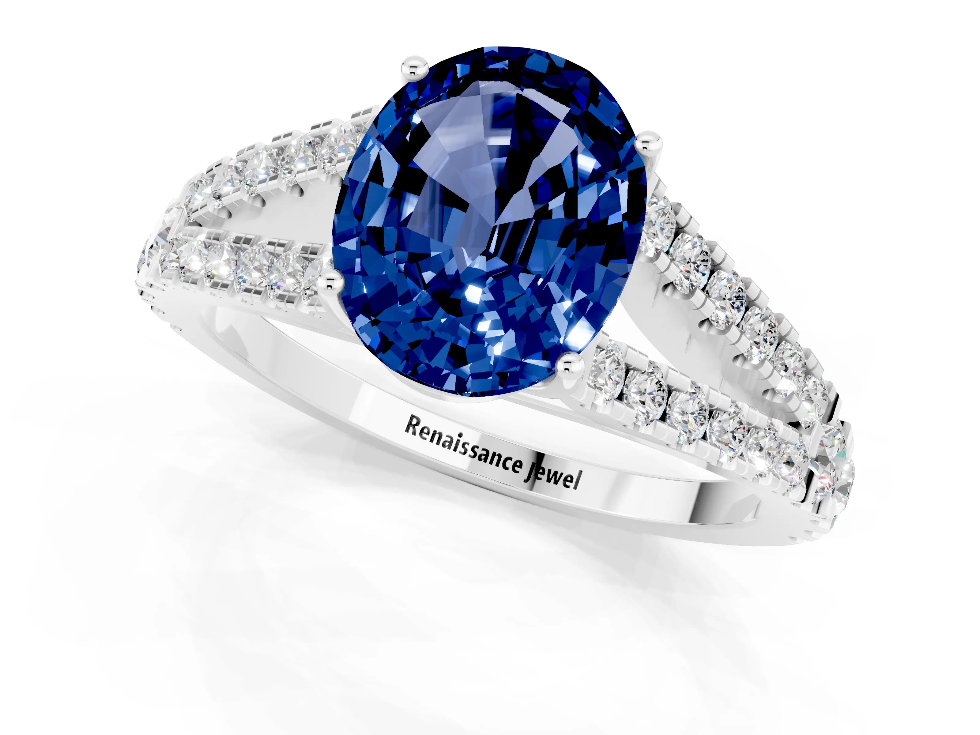 White gold Oval Cut Blue Sapphire Split Shank Pavé Engagement Ring with Four-Prong Setting_13
