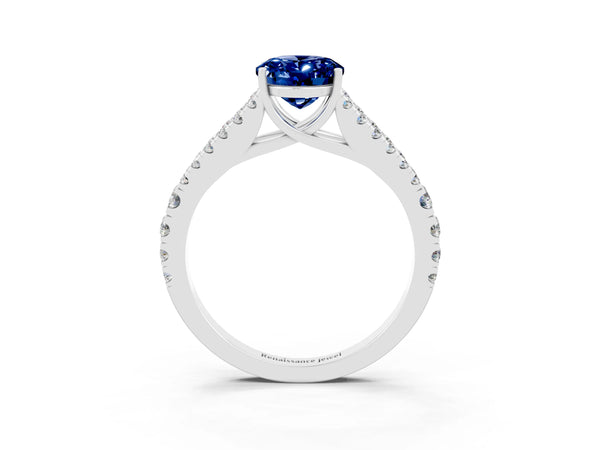 Platinum Oval Cut Blue Sapphire Split Shank Pavé Engagement Ring with Four-Prong Setting