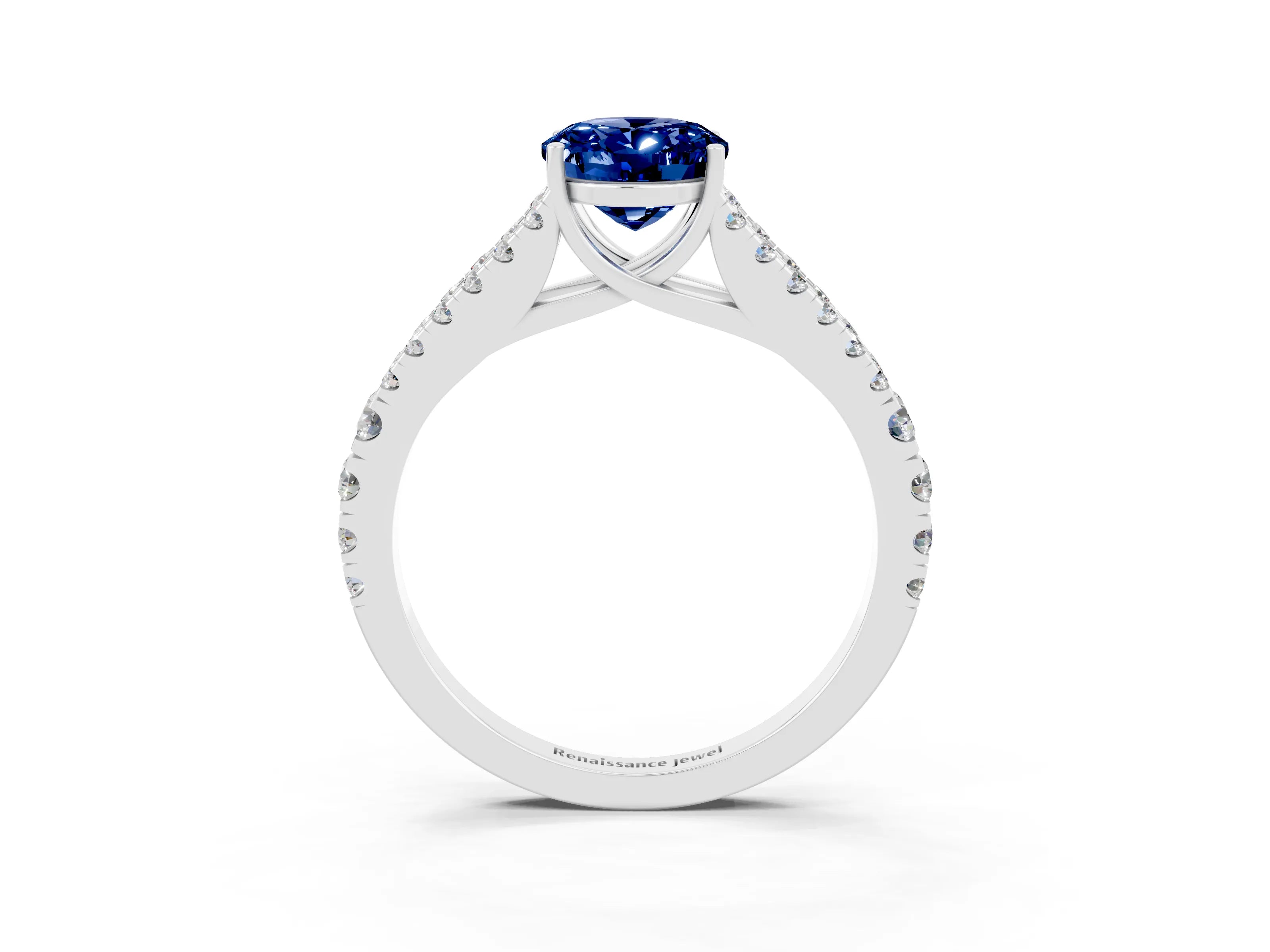 White gold Oval Cut Blue Sapphire Split Shank Pavé Engagement Ring with Four-Prong Setting_15
