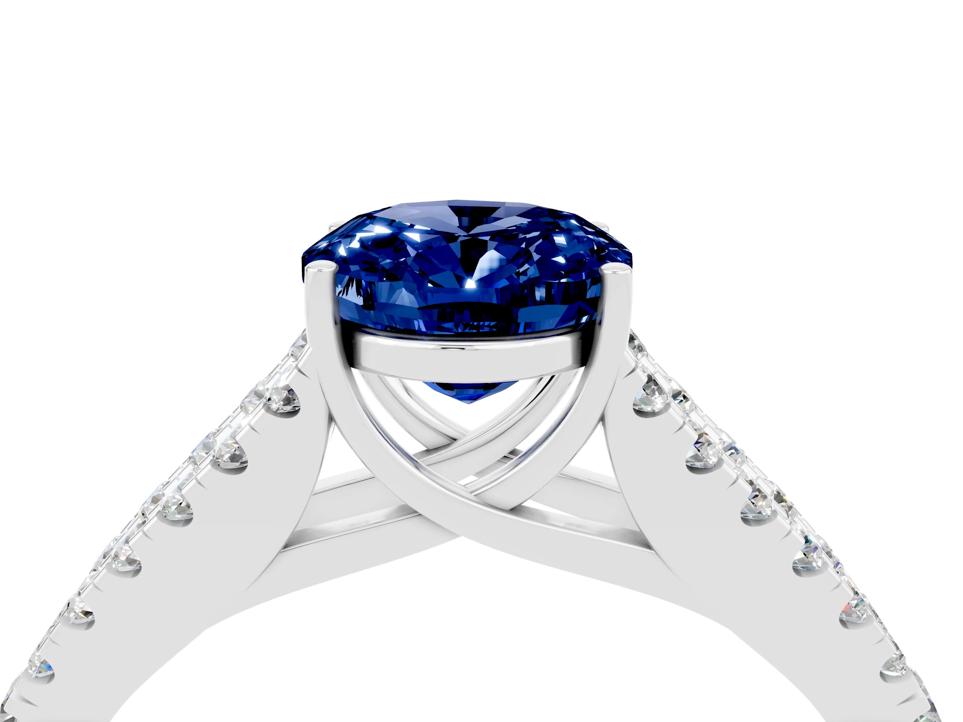 White gold Oval Cut Blue Sapphire Split Shank Pavé Engagement Ring with Four-Prong Setting_16