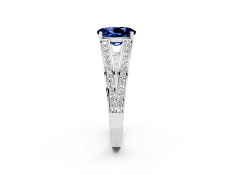 White gold Oval Cut Blue Sapphire Split Shank Ring with Pavé Band and Four-Prong Setting_2