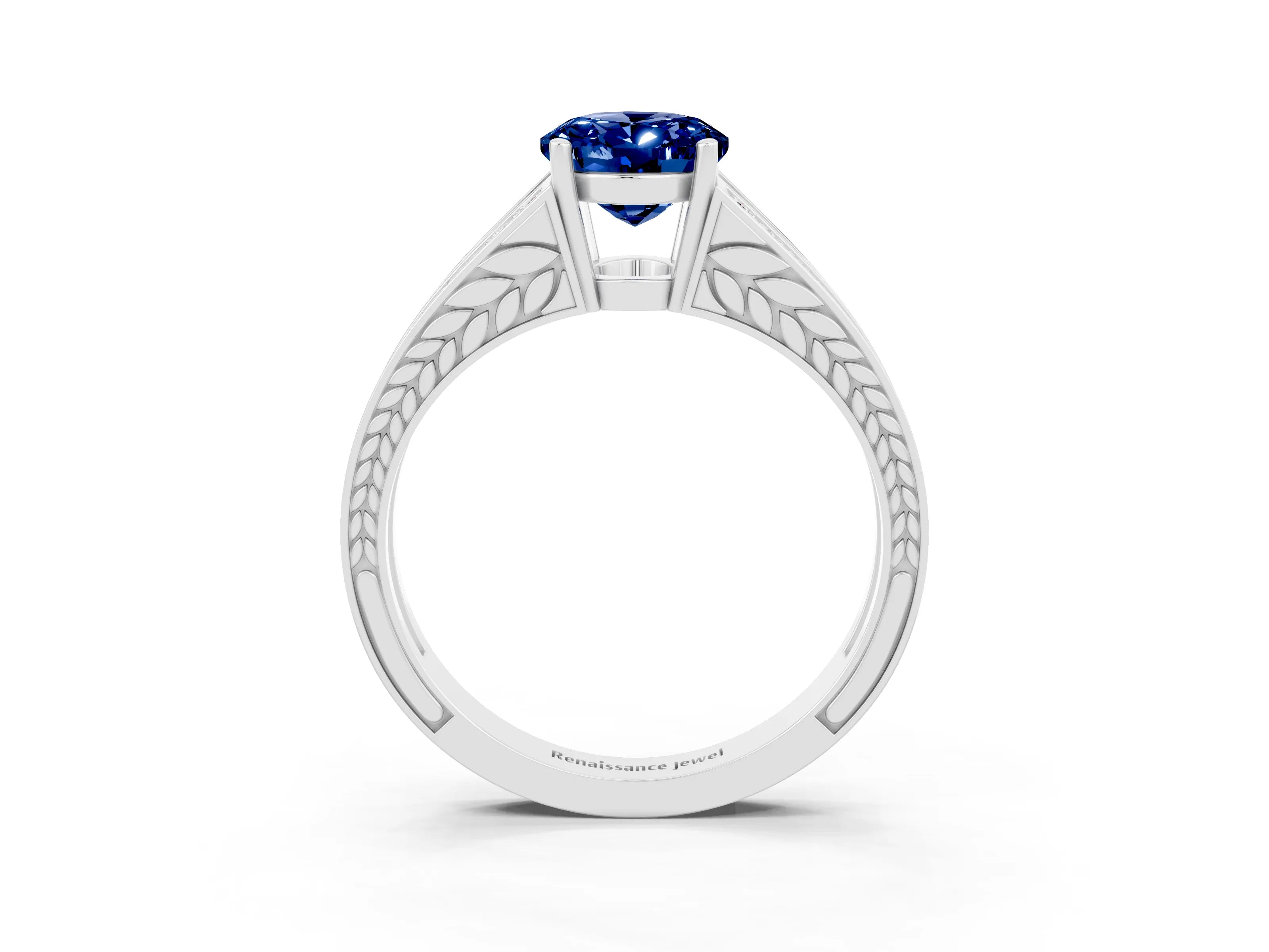 White gold Oval Cut Blue Sapphire Split Shank Ring with Pavé Band and Four-Prong Setting_3