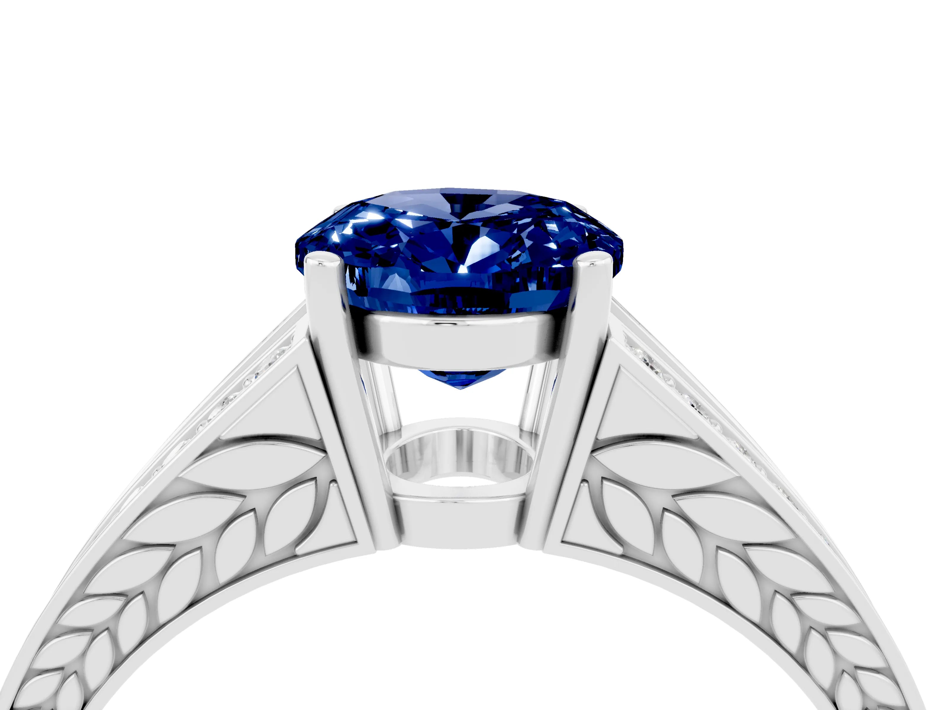 White gold Oval Cut Blue Sapphire Split Shank Ring with Pavé Band and Four-Prong Setting_4