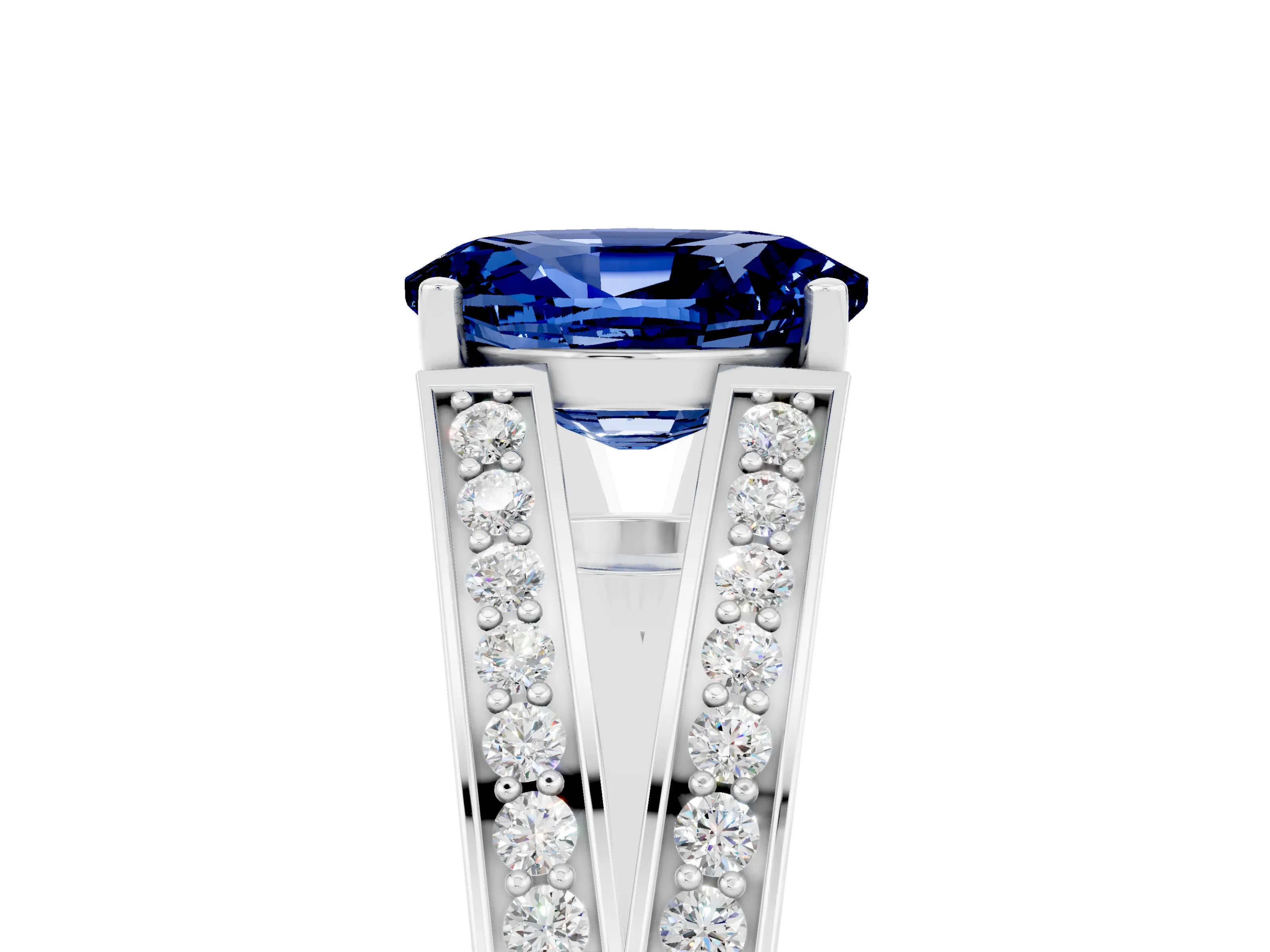 White gold Oval Cut Blue Sapphire Split Shank Ring with Pavé Band and Four-Prong Setting_5