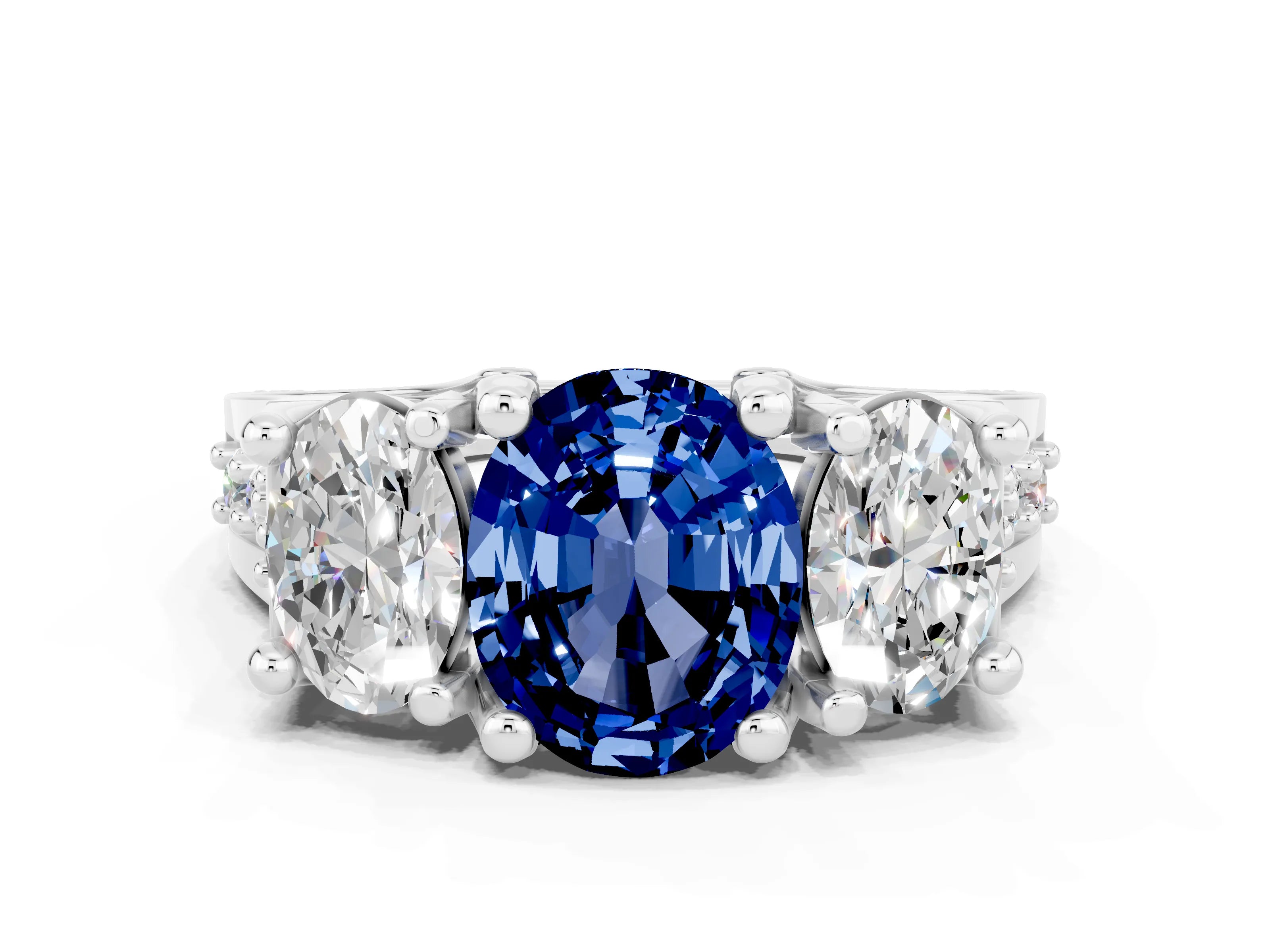 White gold Oval Cut Blue Sapphire Three-Stone Ring with Channel Set Band and Four-Prong Setting