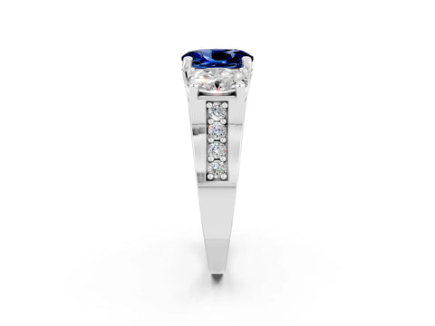White gold Oval Cut Blue Sapphire Three-Stone Ring with Channel Set Band and Four-Prong Setting_2