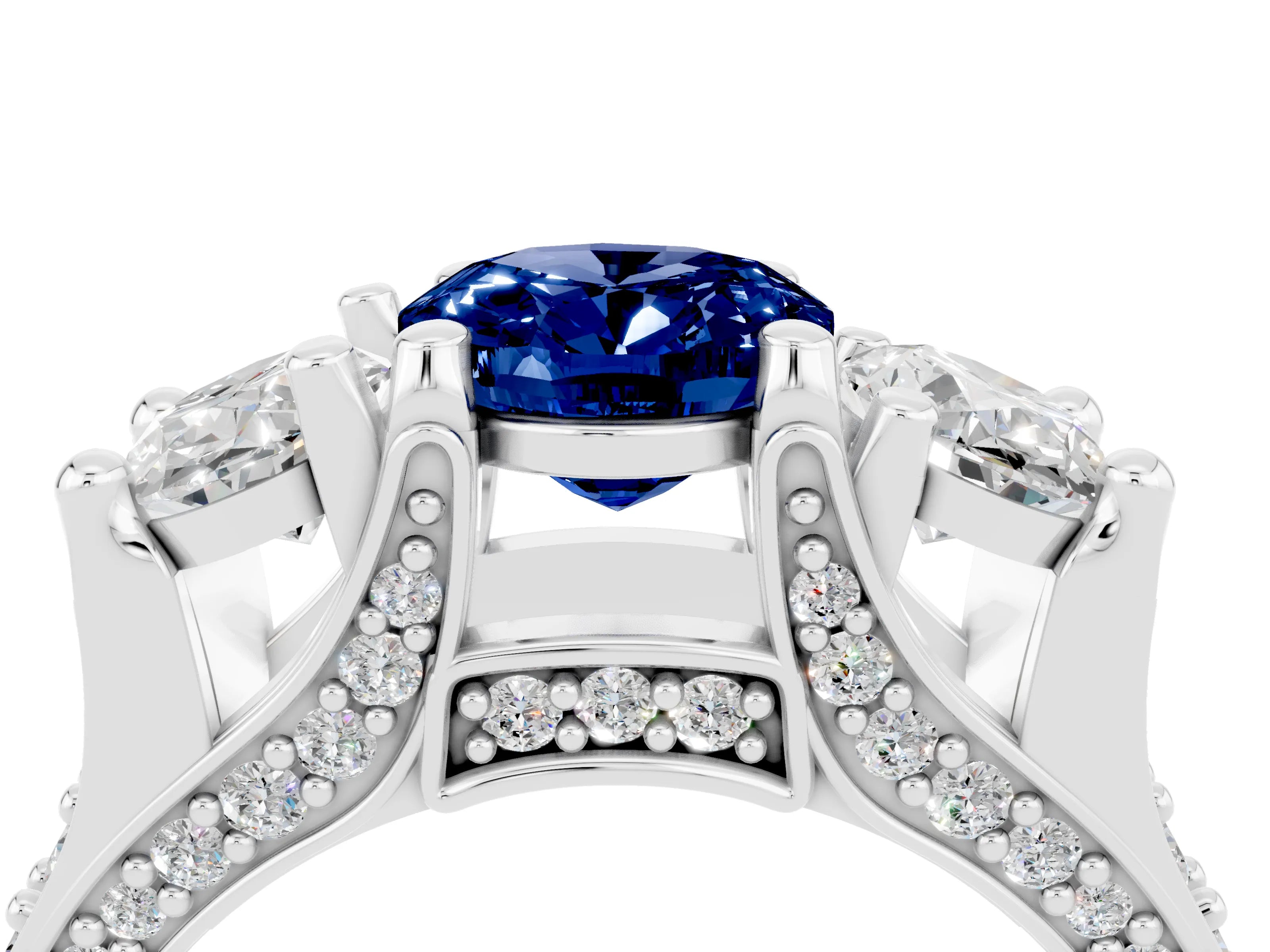 White gold Oval Cut Blue Sapphire Three-Stone Ring with Channel Set Band and Four-Prong Setting_4
