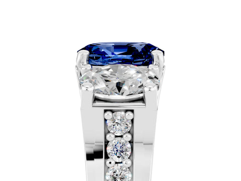 White gold Oval Cut Blue Sapphire Three-Stone Ring with Channel Set Band and Four-Prong Setting_5