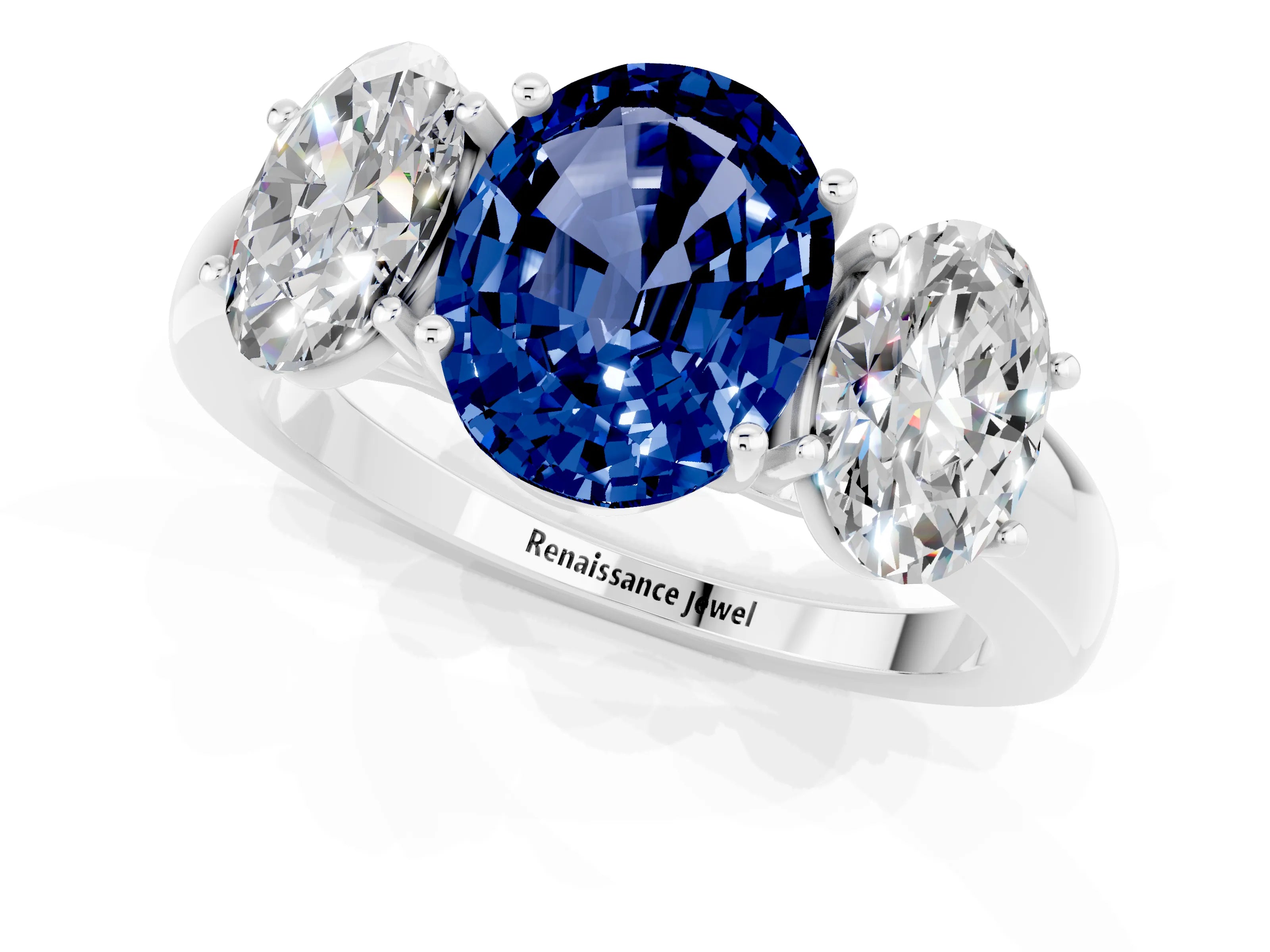 White gold Oval Cut Blue Sapphire Three-Stone Ring with Four-Prong Setting and Classic Band_1