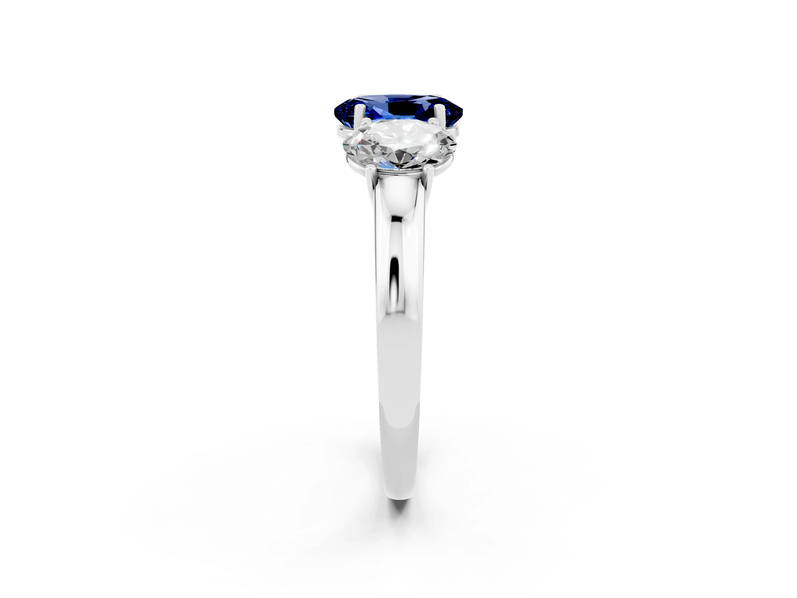 White gold Oval Cut Blue Sapphire Three-Stone Ring with Four-Prong Setting and Classic Band_2
