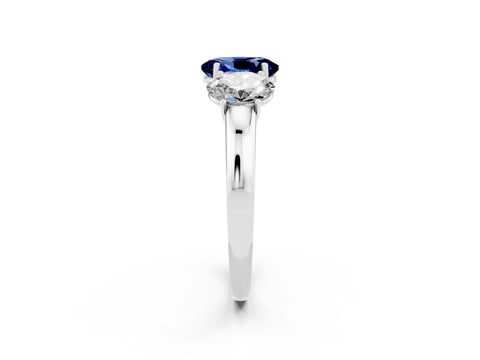 White gold Oval Cut Blue Sapphire Three-Stone Ring with Four-Prong Setting and Classic Band_2