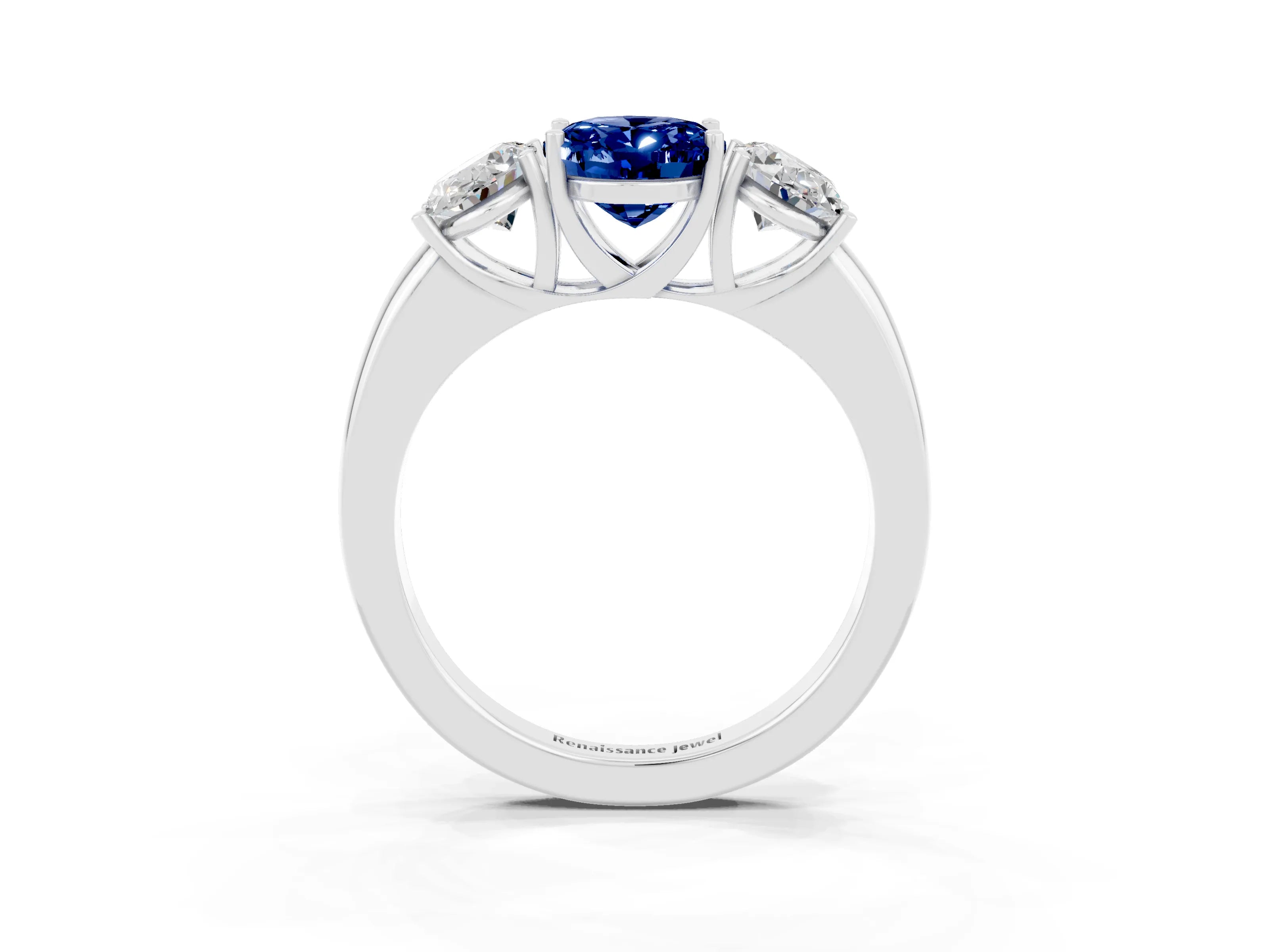 White gold Oval Cut Blue Sapphire Three-Stone Ring with Four-Prong Setting and Classic Band_3
