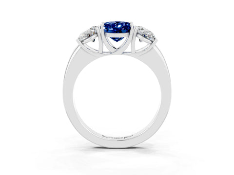 White gold Oval Cut Blue Sapphire Three-Stone Ring with Four-Prong Setting and Classic Band_3