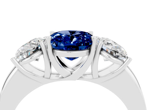White gold Oval Cut Blue Sapphire Three-Stone Ring with Four-Prong Setting and Classic Band_4