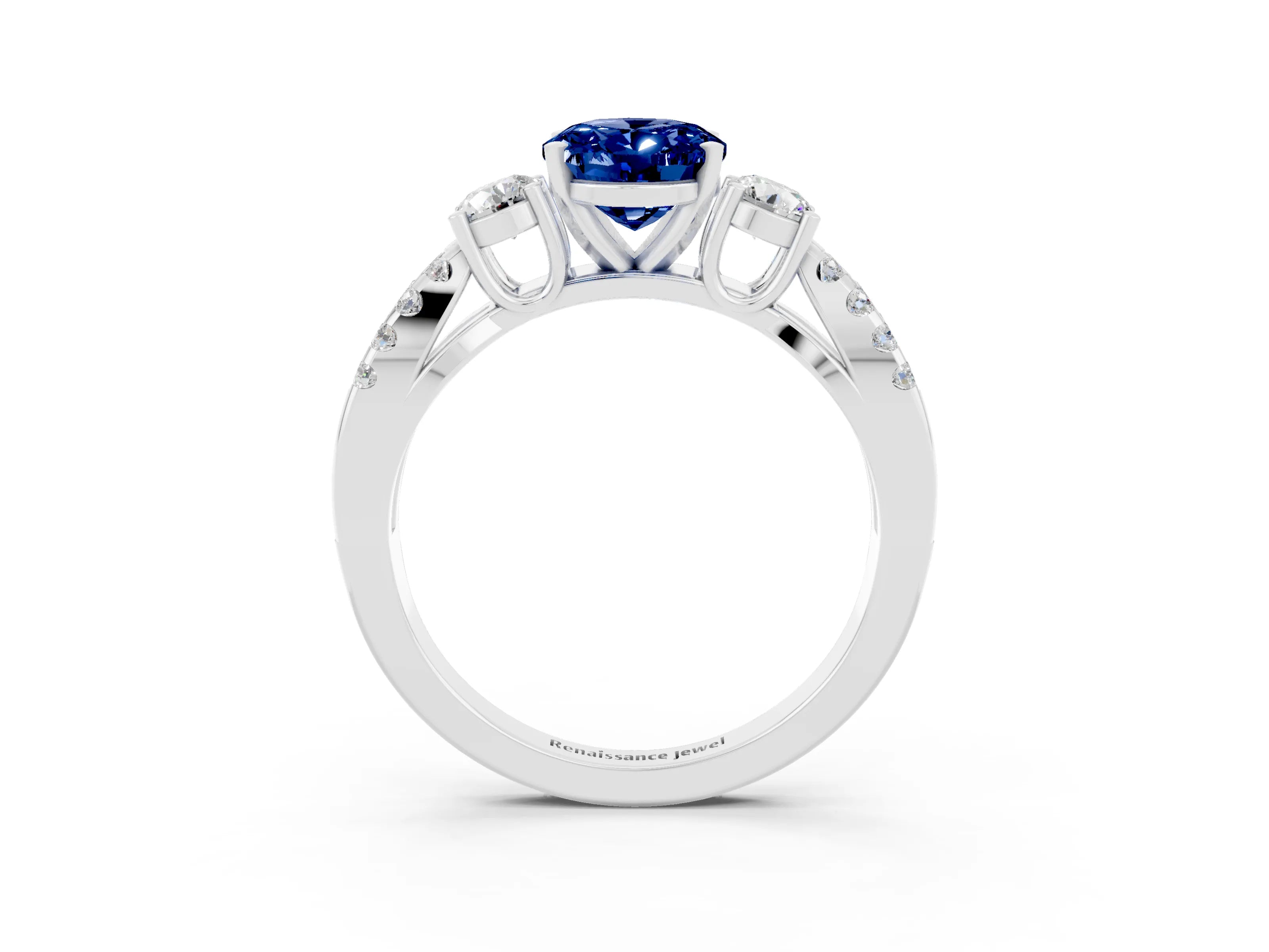 White gold Oval Cut Blue Sapphire Three-Stone Ring with Pavé Split Shank and Four-Prong Setting_15