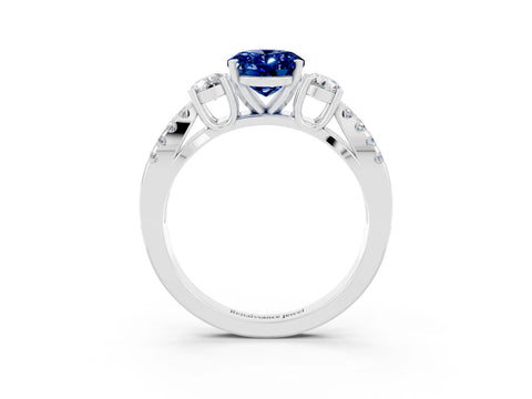 White gold Oval Cut Blue Sapphire Three-Stone Ring with Pavé Split Shank and Four-Prong Setting_15