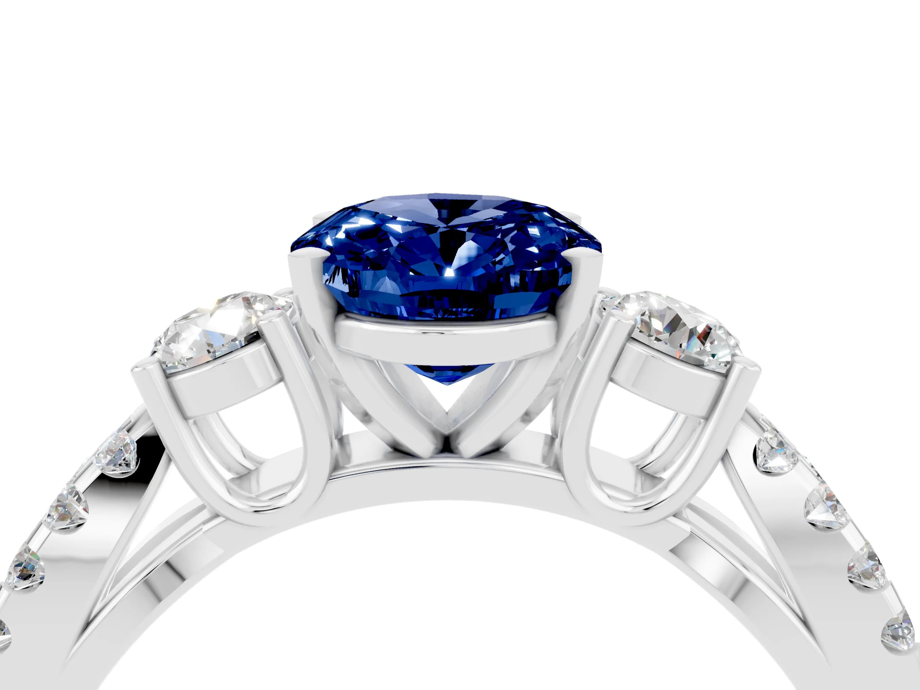 White gold Oval Cut Blue Sapphire Three-Stone Ring with Pavé Split Shank and Four-Prong Setting_16