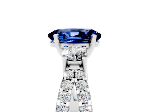 White gold Oval Cut Blue Sapphire Three-Stone Ring with Pavé Split Shank and Four-Prong Setting_17
