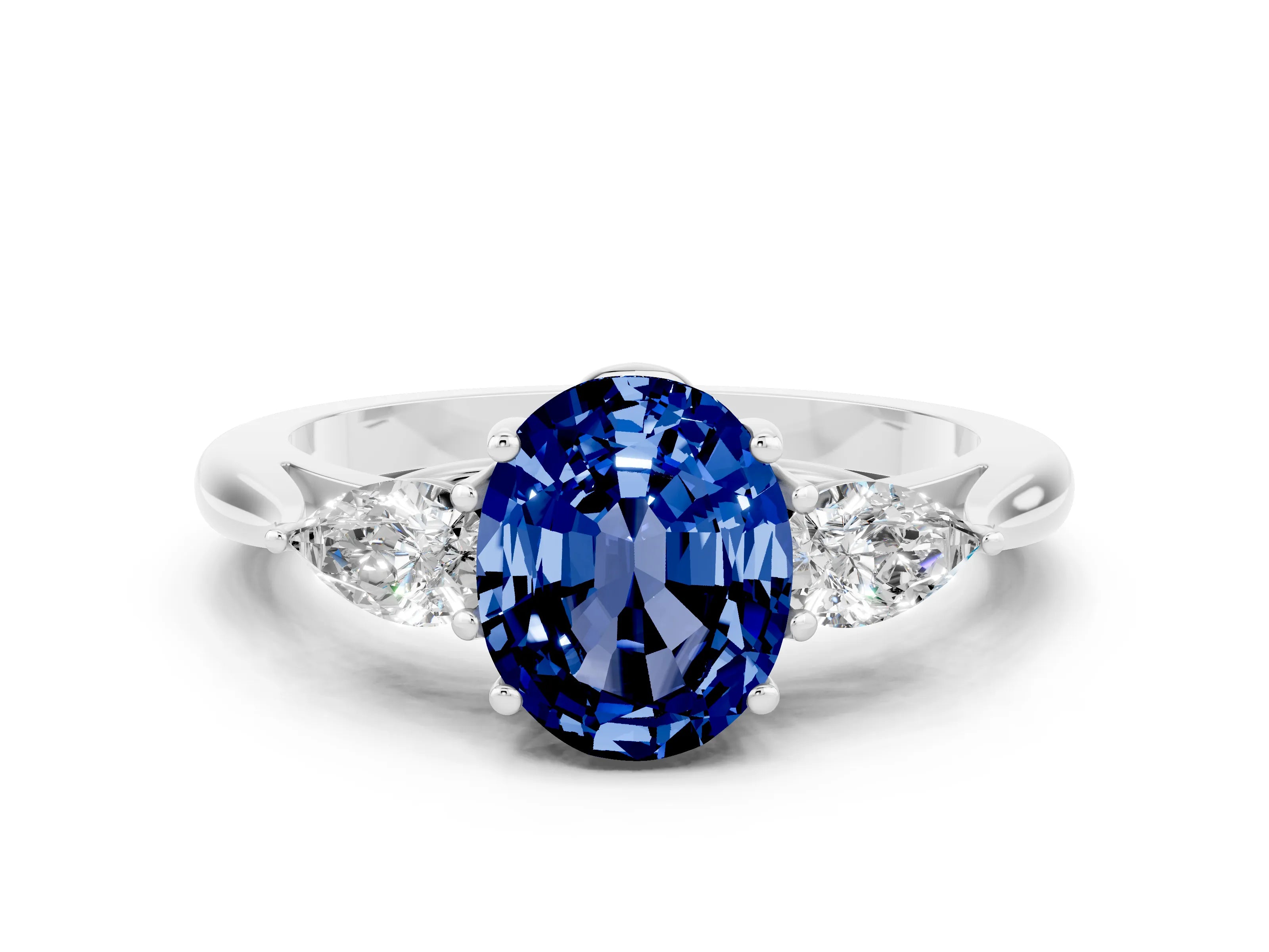White gold Oval Cut Blue Sapphire Three-Stone Ring with Pear Side Stones and Four-Prong Setting_12