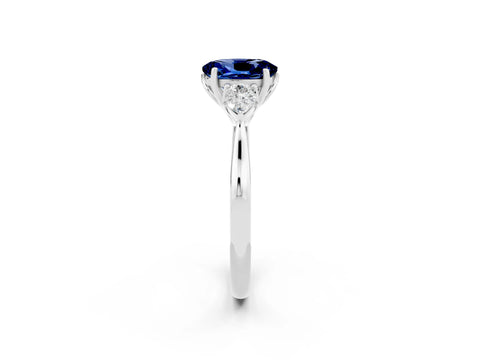 White gold Oval Cut Blue Sapphire Three-Stone Ring with Pear Side Stones and Four-Prong Setting_14