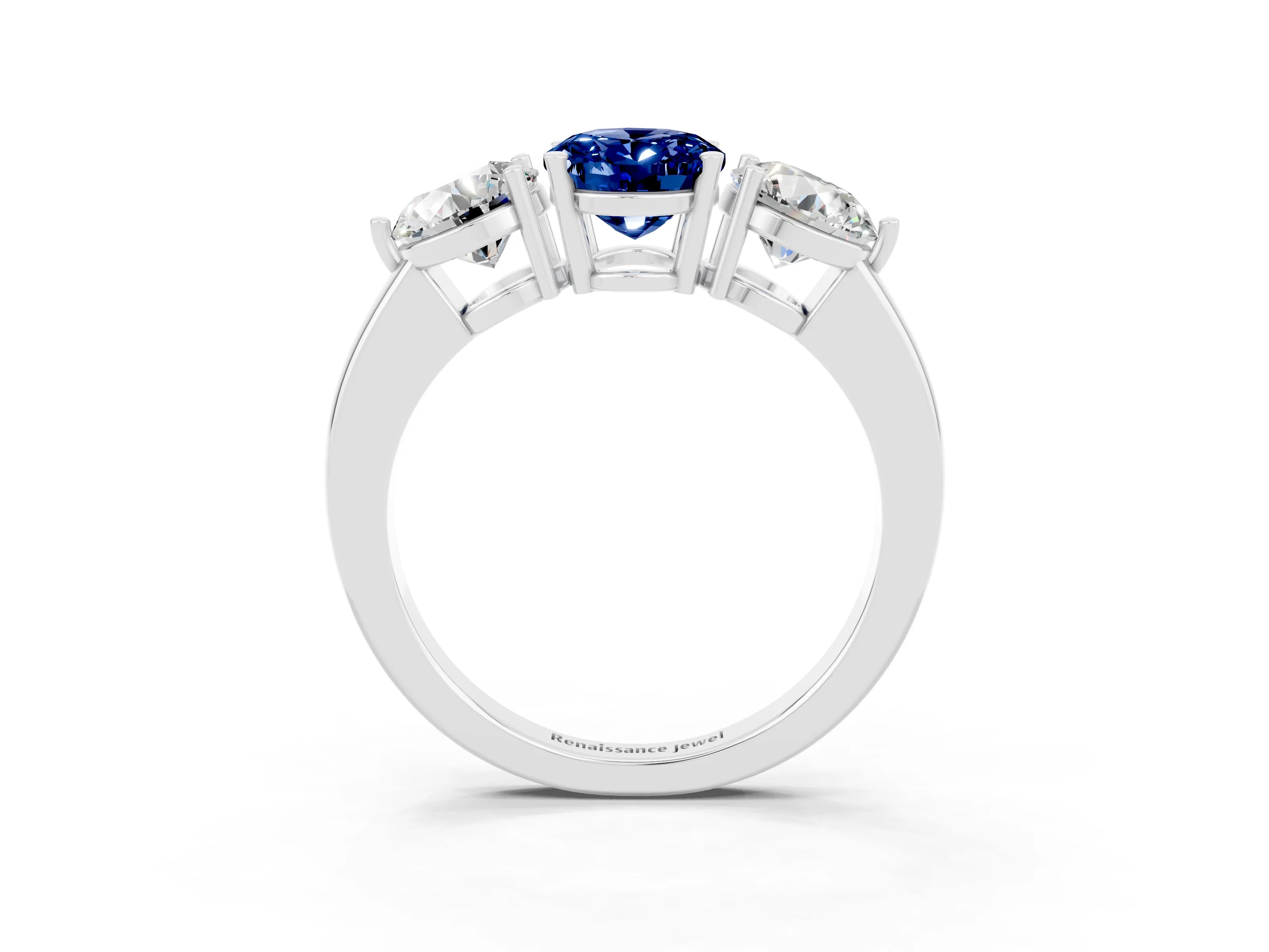 White gold Oval Cut Blue Sapphire Three-Stone Ring with Prong Setting and Classic Band_3
