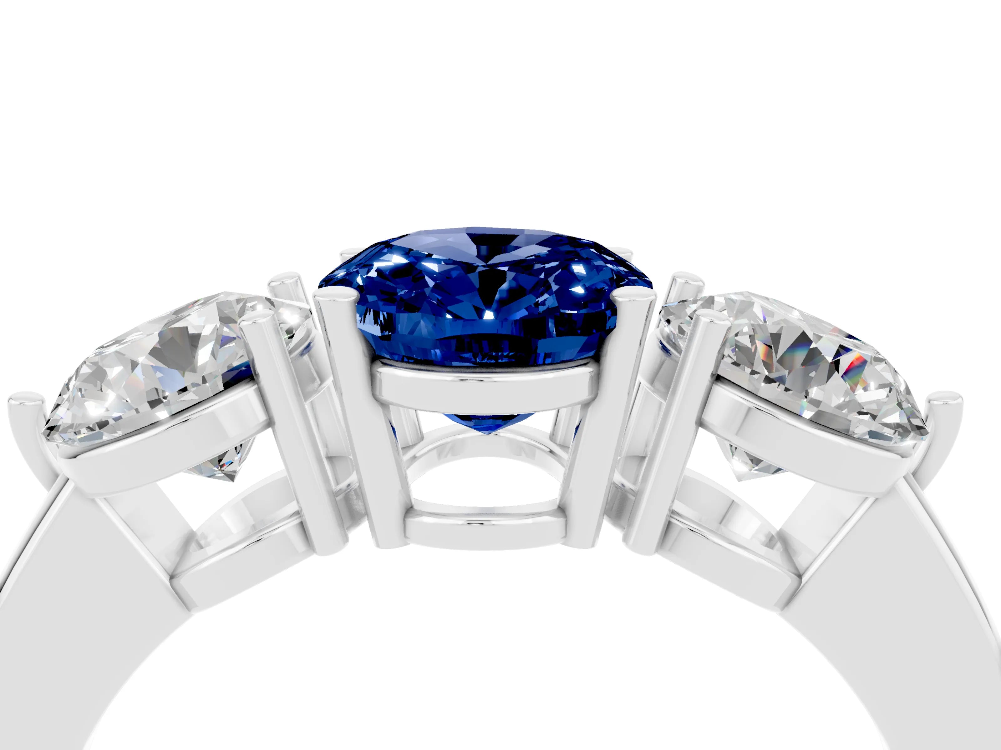 White gold Oval Cut Blue Sapphire Three-Stone Ring with Prong Setting and Classic Band_4