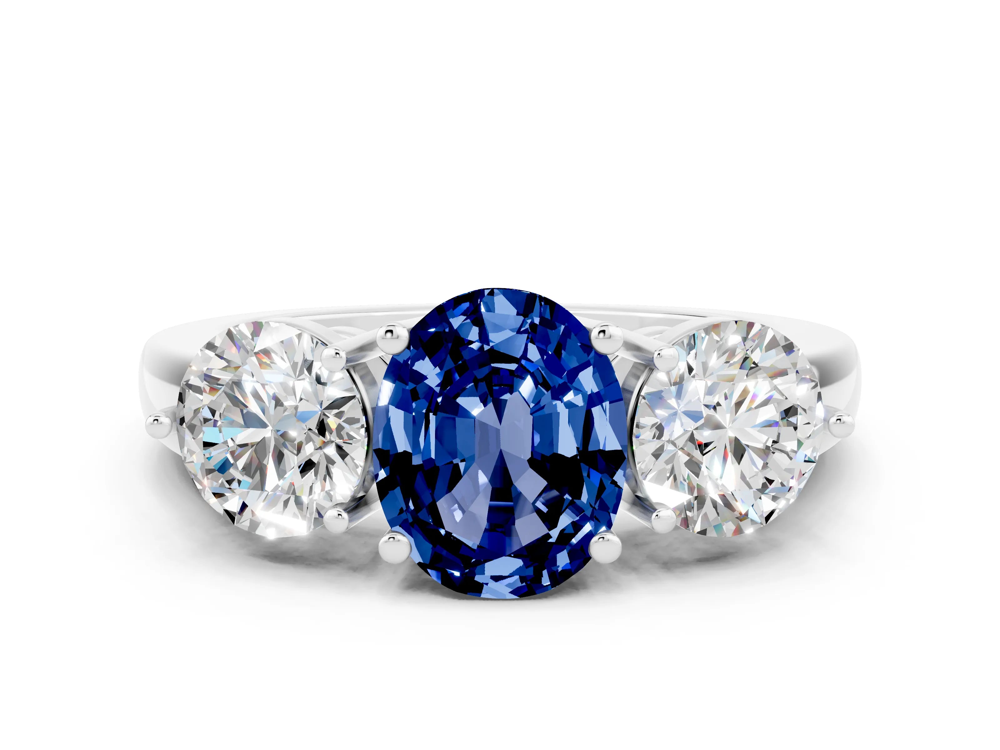 White gold Oval Cut Blue Sapphire Three-Stone Ring with Prong Setting and Classic Band