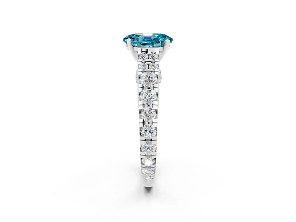 Platinum Oval Cut Blue Topaz Classic Solitaire Ring with Pavé Band and Four-Prong Setting