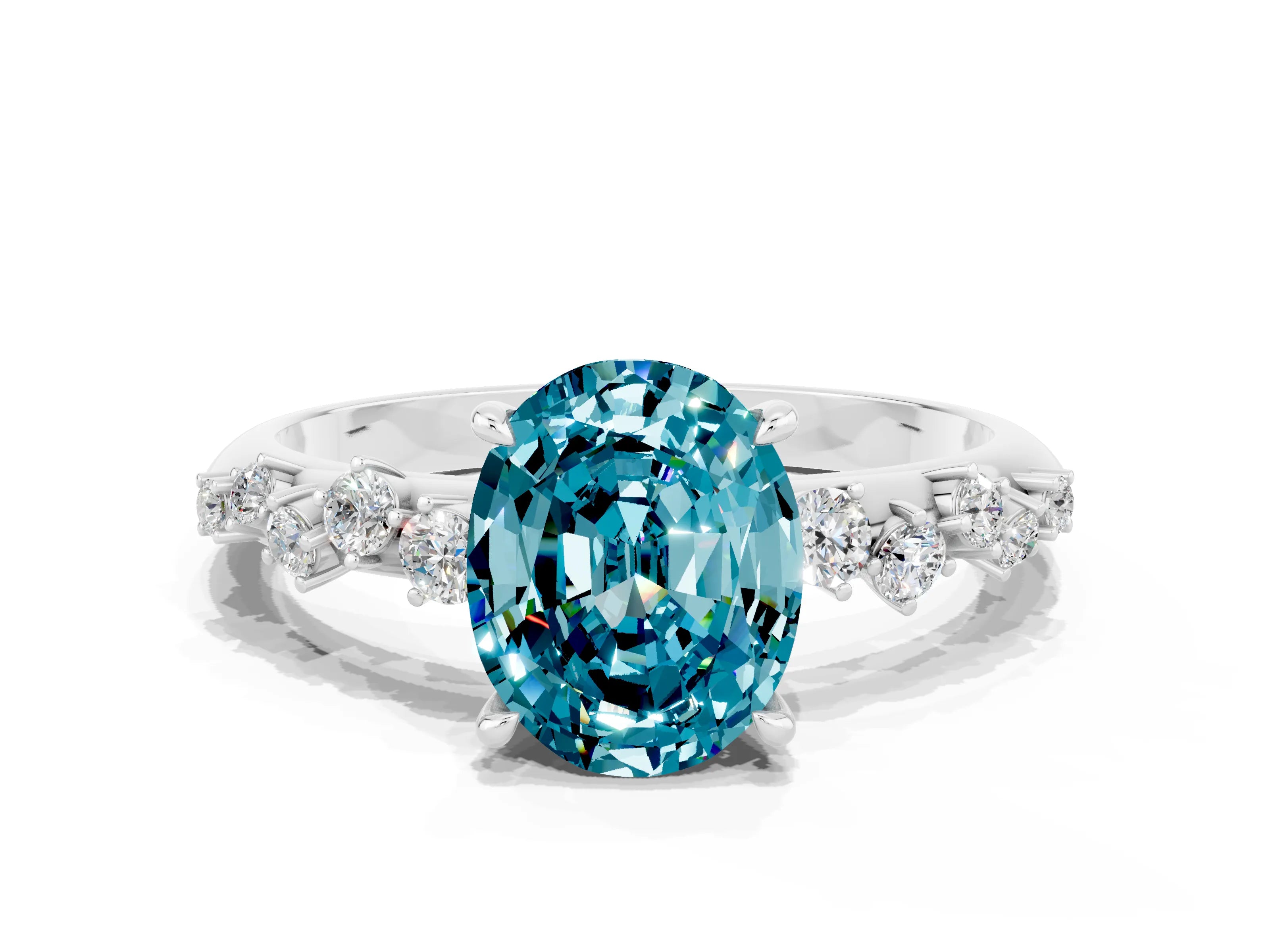 White gold Oval Cut Blue Topaz Cluster Side Stone Solitaire Ring with Prong Setting_24