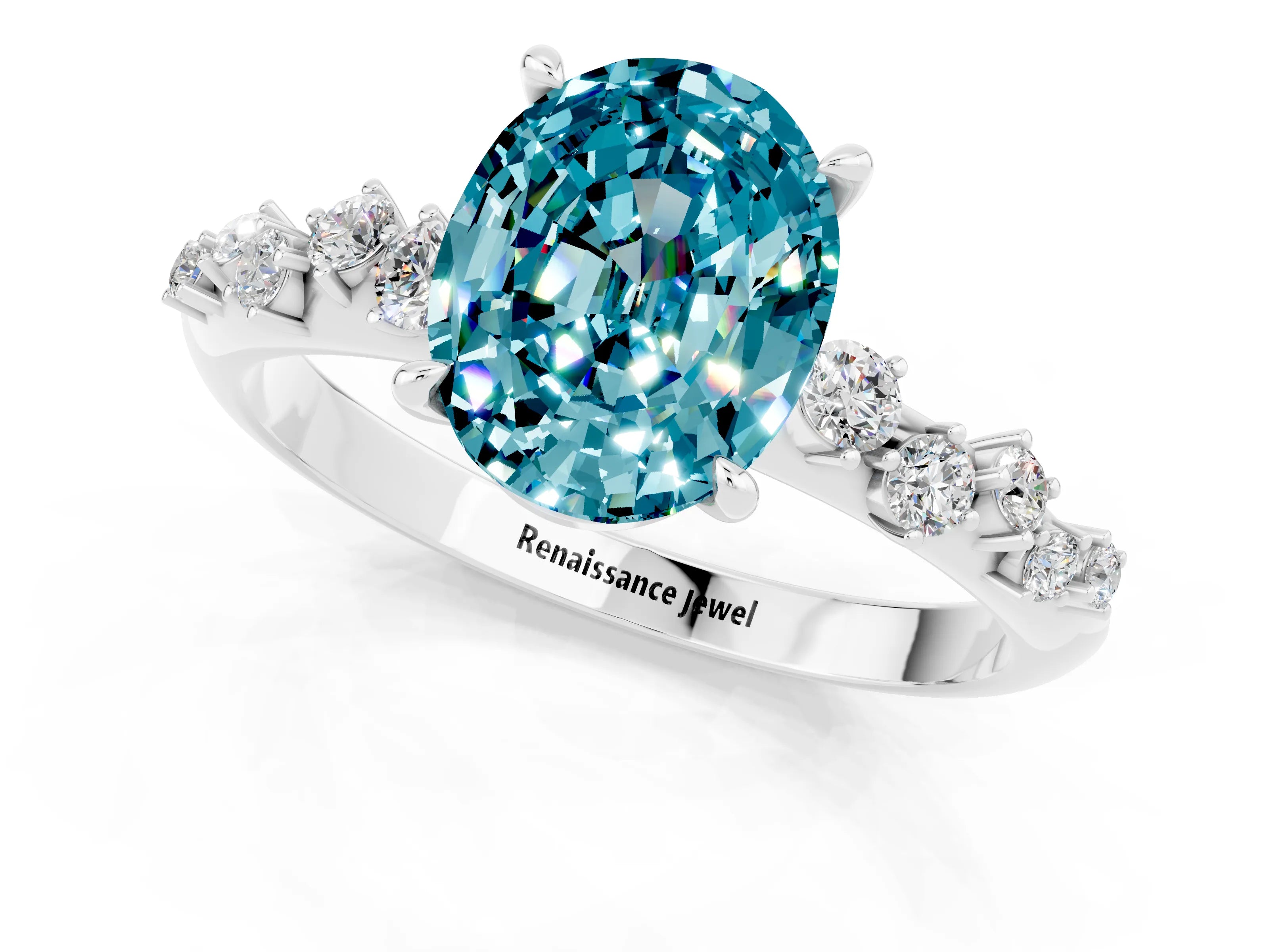 White gold Oval Cut Blue Topaz Cluster Side Stone Solitaire Ring with Prong Setting_25