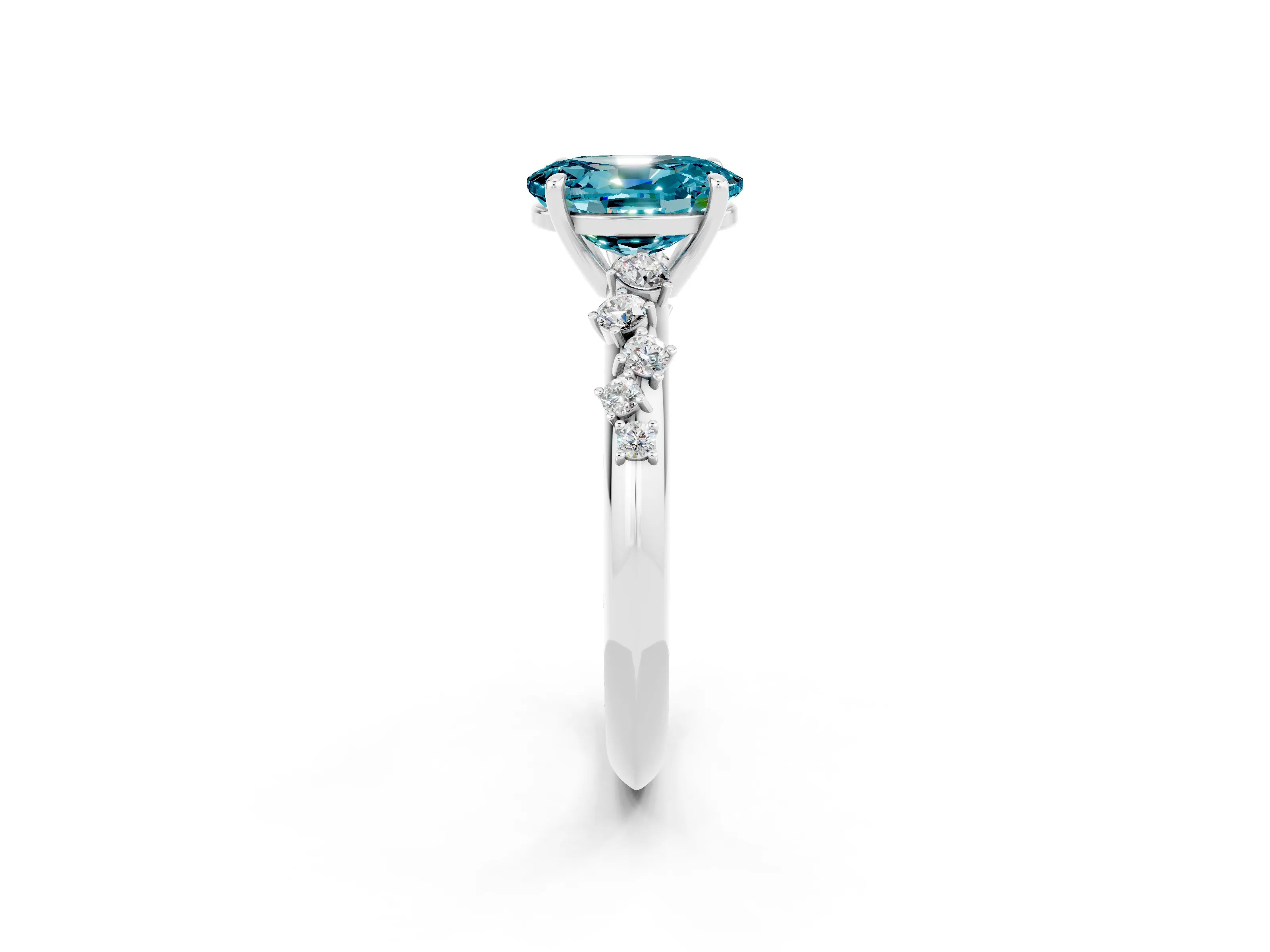 White gold Oval Cut Blue Topaz Cluster Side Stone Solitaire Ring with Prong Setting_26