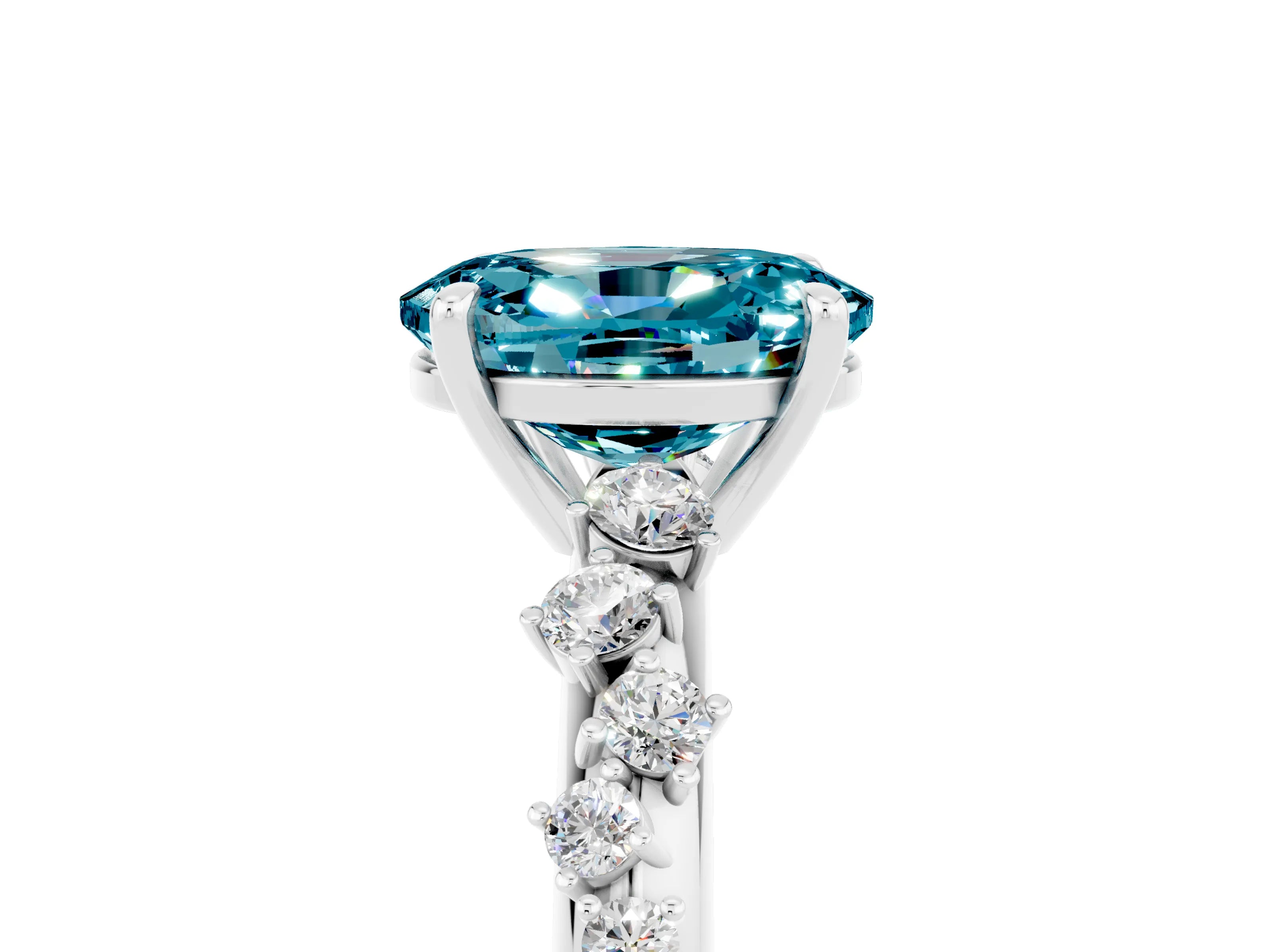 White gold Oval Cut Blue Topaz Cluster Side Stone Solitaire Ring with Prong Setting_29