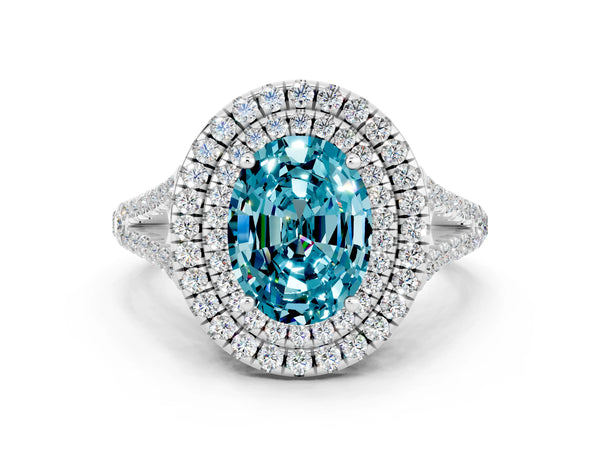 White gold Oval Cut Blue Topaz Double Halo Ring with Pavé Band and Prong Setting